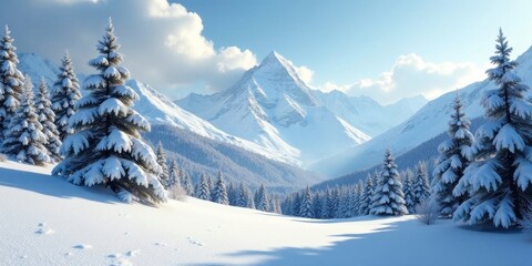 Serene Winter Landscape Snow-Covered Evergreen Trees Adorn a Picturesque Snowy Mountain Range Under a Bright Sky