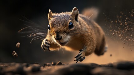 A squirrel dashes across the ground in motion, capturing a moment of speed and agility