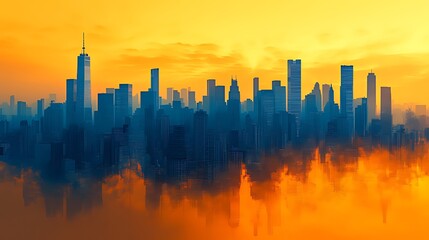 Fototapeta premium Cityscape sunset reflection, hazy urban panorama, aerial view, promotional use