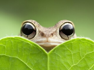 Close-up of a curious frog peeking out from behind a vibrant green leaf in a serene natural environment, showcasing intricate eye details and unique facial features.