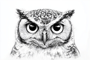 Realistic black and white pencil drawing of an owl with striking eyes and fine feather details