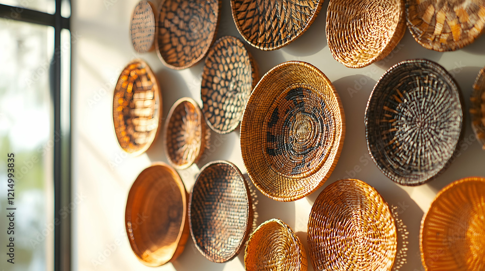 Poster a detailed arrangement of hanging woven baskets with unique patterns, creating a rustic wall accent 