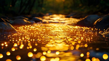Glimmering Stream at Sunset with Sparkling Water Reflection