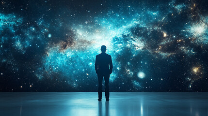 Fototapeta premium A back view silhouette of a man in a space concept background, highlighting the universe, astronomy, and the night sky, with abstract and minimalistic elements, bright tones, and a blurred cosmic atmo