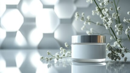 A contemporary mockup of a cosmetic cream bottle, featuring a smooth, matte finish and placed on a reflective surface with soft lighting to highlight its premium design.