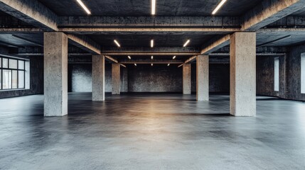 Spacious industrial interior with polished concrete floor and minimalist design, featuring exposed pillars and modern lighting in an empty room
