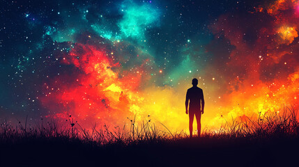 A back view silhouette of a man in a space concept background, highlighting the universe, astronomy, and the night sky, with abstract and minimalistic elements, bright tones, and a blurred cosmic atmo