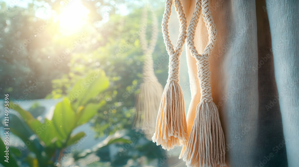 Poster a detailed view of a macrame curtain tied with tassels, hung on a window with soft sunlight filterin