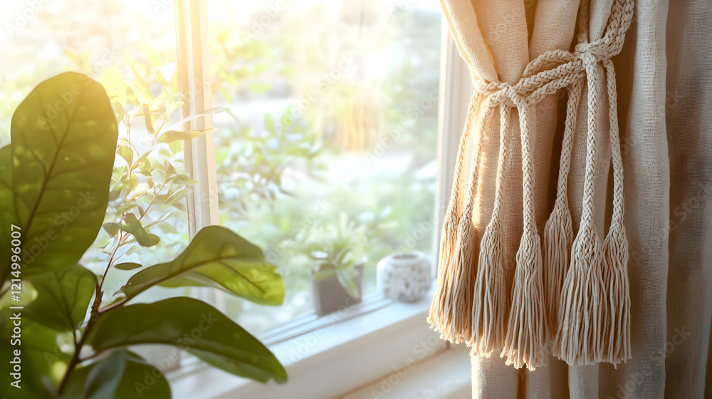 Poster a detailed view of a macrame curtain tied with tassels, hung on a window with soft sunlight filterin