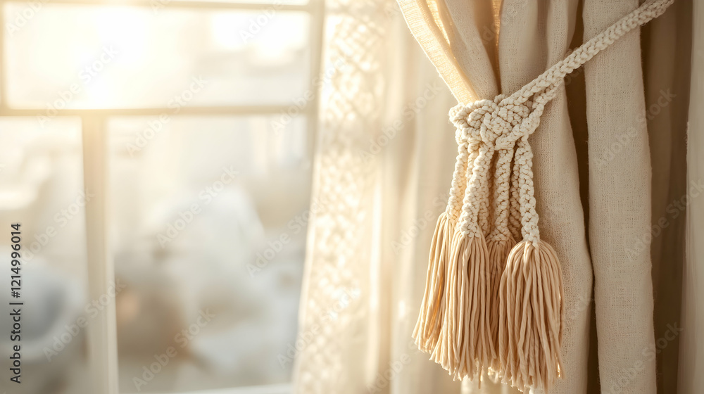 Poster a detailed view of a macrame curtain tied with tassels, hung on a window with soft sunlight filterin