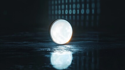 A minimalist concept of a digital cryptocurrency coin glowing in a dark space, with binary code subtly floating in the background. The focus is on the coin, symbolizing the future of digital money.