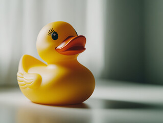 A Splash of Yellow: A classic yellow rubber ducky with charming details and a playful expression, capturing the essence of childhood innocence and bath time fun. 