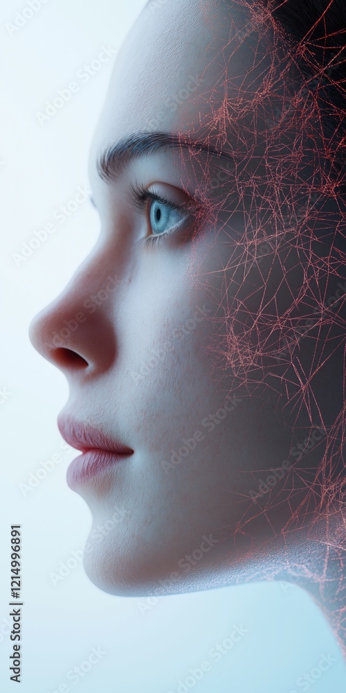 Poster a woman's face is shown in a computer generated image with a blue eye and red lines. the image is ab
