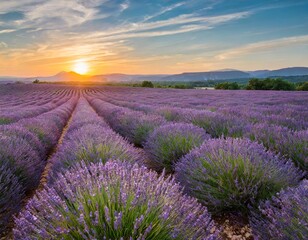 Obraz premium Scenic Sunset Over Violet Lavender Fields in Provence, France, Capturing Summer's Blooming Beauty