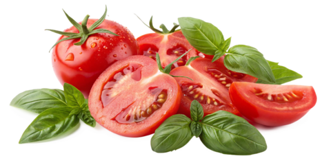 red tomatoes splashing with basil leaves