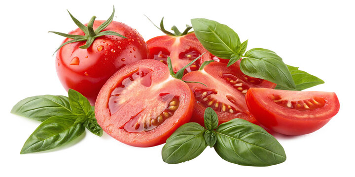 red tomatoes splashing with basil leaves