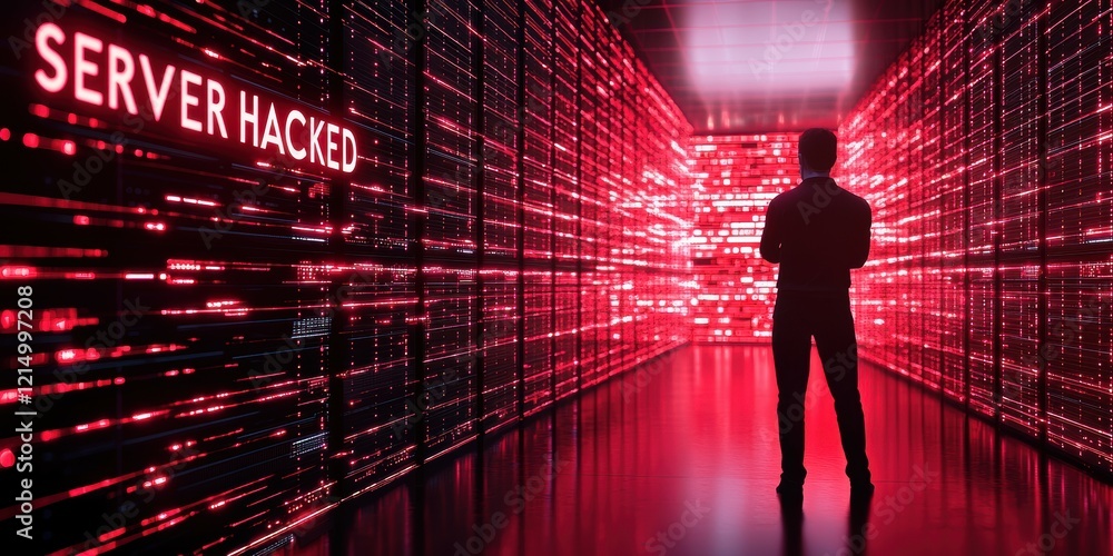 Poster silhouette of a man in front of a hacked server room with vibrant red digital patterns.