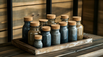 Naklejka premium A rustic collection of decorative jars with cork lids, arranged neatly on a wooden tray