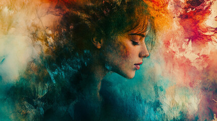 Creative portrait of a woman with vibrant colors and abstract background