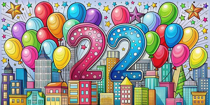 Happy 2nd Birthday Coloring Page: Fun Urban Exploration Design with Big 2, Balloons & Stars (8.5x11 Printable)