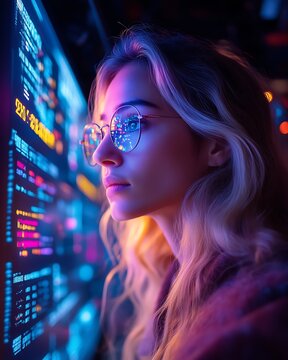 Woman programmer looking at code on screen.