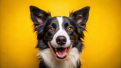 Fototapeta premium Happy Black Tri Border Collie Dog Portrait, Yellow Background - Aerial View Stock Photo