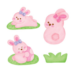 Watercolor cute easter bunny set
