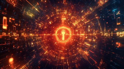 Obraz premium Glowing orange keyhole illuminating the center of a futuristic cyberspace tunnel, representing the vital themes of cybersecurity and data protection in the digital realm