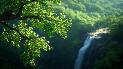 Obraz premium Lush Green Leaves Framing A Serene Waterfall Amidst Nature's Splendor