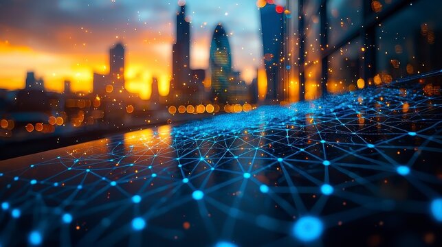 Cityscape at sunset with glowing network connections. - Powered by Adobe