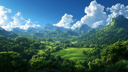Fototapeta premium Lush Green Valley Surrounded by Majestic Mountains and Blue Sky
