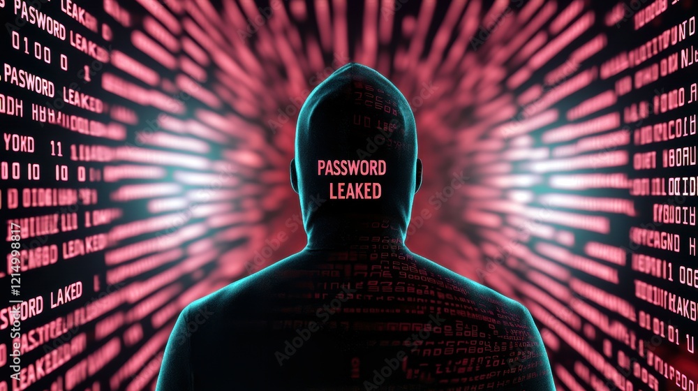 Aufkleber silhouette of a hooded figure against a backdrop of digital code and data flow.