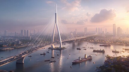 Fototapeta premium Modern Cable Stay Bridge Over City River at Sunset