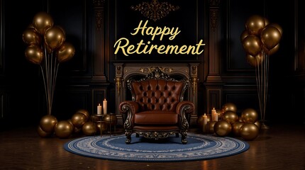 Festive Happy Retirement setup with golden balloons, confetti, and an elegant armchair, celebrating a joyful farewell to work life.