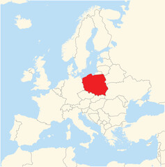 Location Map of the country Poland in Europe. The country is highlighted with a red polygon. No labels at all.