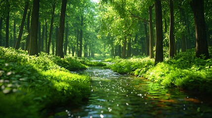Fototapeta premium Serene Forest Scene with Stream and Lush Green Foliage