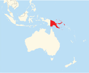 Obraz premium Location Map of the country Papua New Guinea in Australia. The country is highlighted with a red polygon. No labels at all.