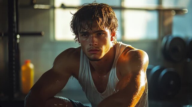 Schwitzer junger Mann im Fitnessstudio nach einem intensiven Workout

