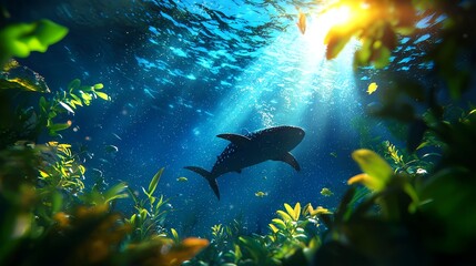 Sunlight Streams Through Water with Shark Swimming in Sea Plants