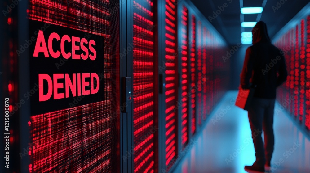 Poster silhouette of a person in a high-tech server room with an 'access denied' sign.