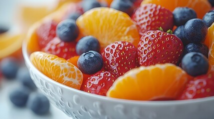 A close-up shot of a white bowl filled with vibrant, fresh fruit salad consisting of colorful mixed fruits like strawberries, blueberries, and orange slices, isolated on a clean white background