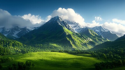 Fototapeta premium Majestic Mountain Landscape with Lush Green Hills and Clouds