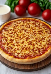 Freshly Baked Pizza with Bubbling Cheese and Fresh Basil on Wooden Serving Board