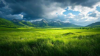 Obraz premium Lush Green Landscape Under Dramatic Clouds and Majestic Mountains