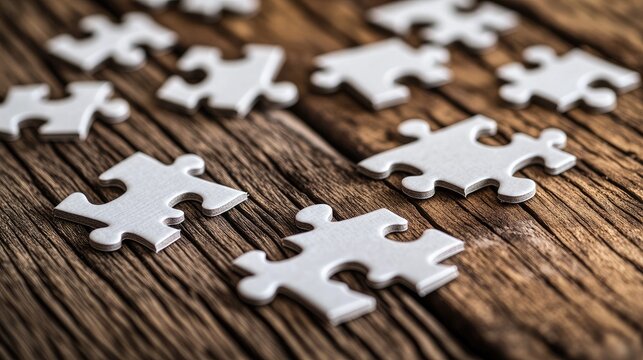 White puzzle pieces scattered on rustic wood