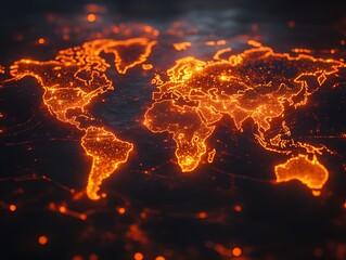 Glowing world map, fiery continents, global network.