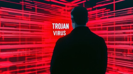 A male figure silhouetted against a digital backdrop displaying 'Trojan Virus'.