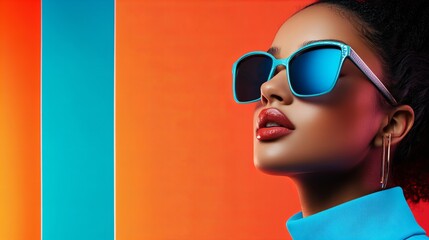 Bold fashion portrait featuring a stylish woman wearing vibrant blue sunglasses against a striking orange and blue background. Perfect for fashion branding, eyewear promotions