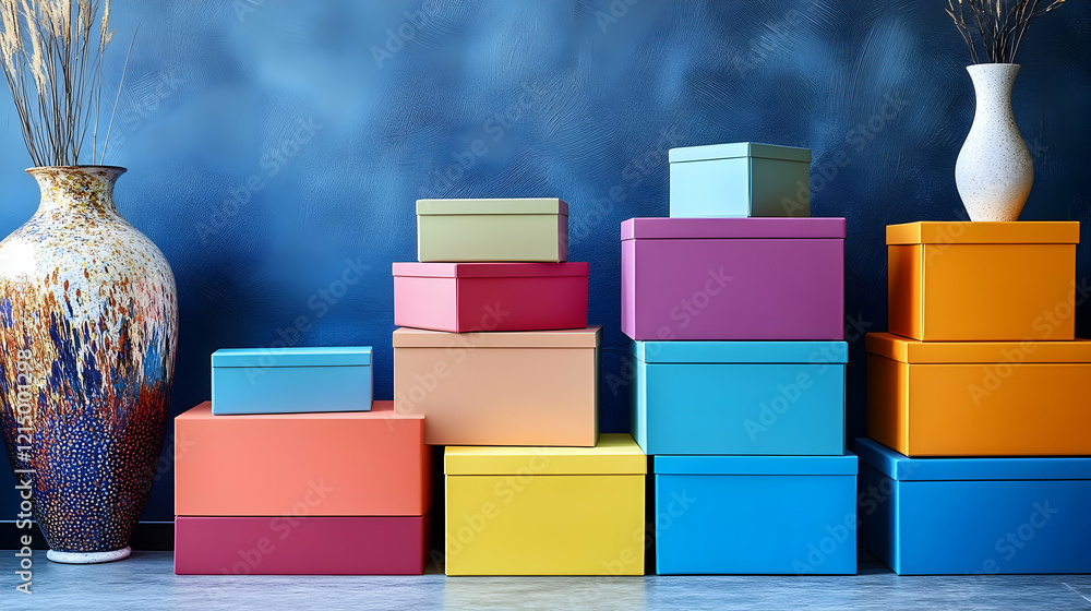 Poster a vibrant display of colorful storage boxes stacked neatly in a modern living space, styled with dec