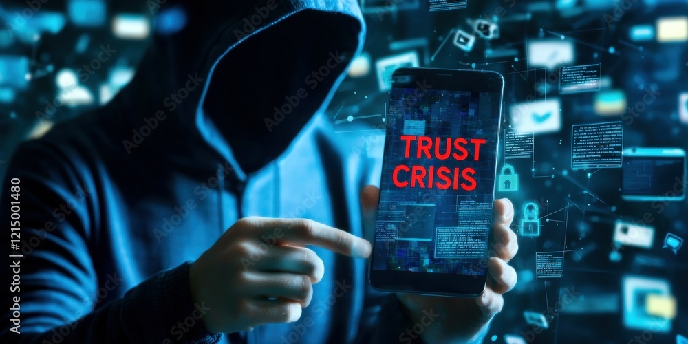 Poster a hooded figure pointing at a smartphone displaying 'trust crisis' symbolizing digital insecurity.